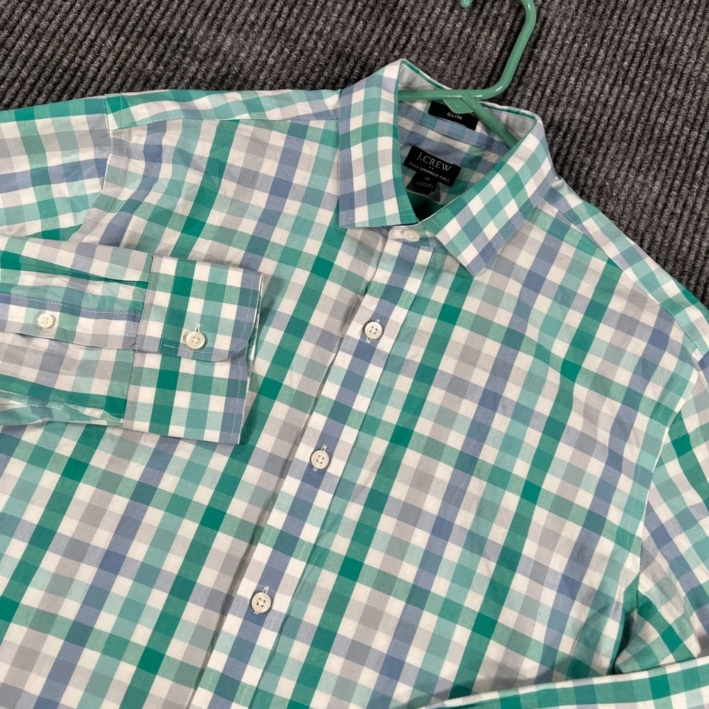 J CREW Shirt Mens Medium Green Plaid Long Sleeve Button Up‎ Slim Fit Casual